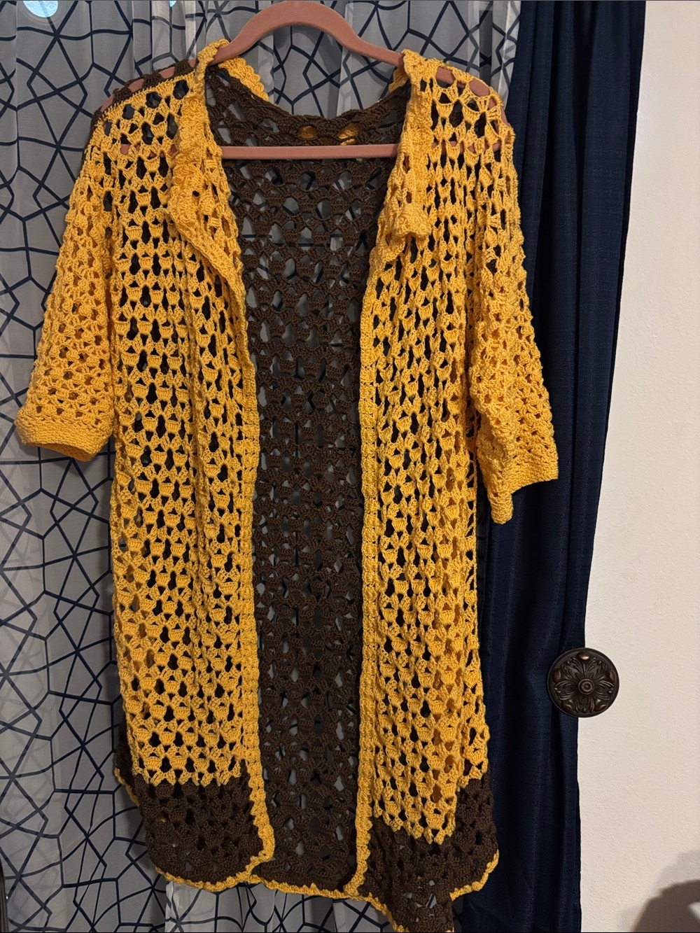 Mustard Yellow Crochet Open-Front Women's Sweater Cardigan